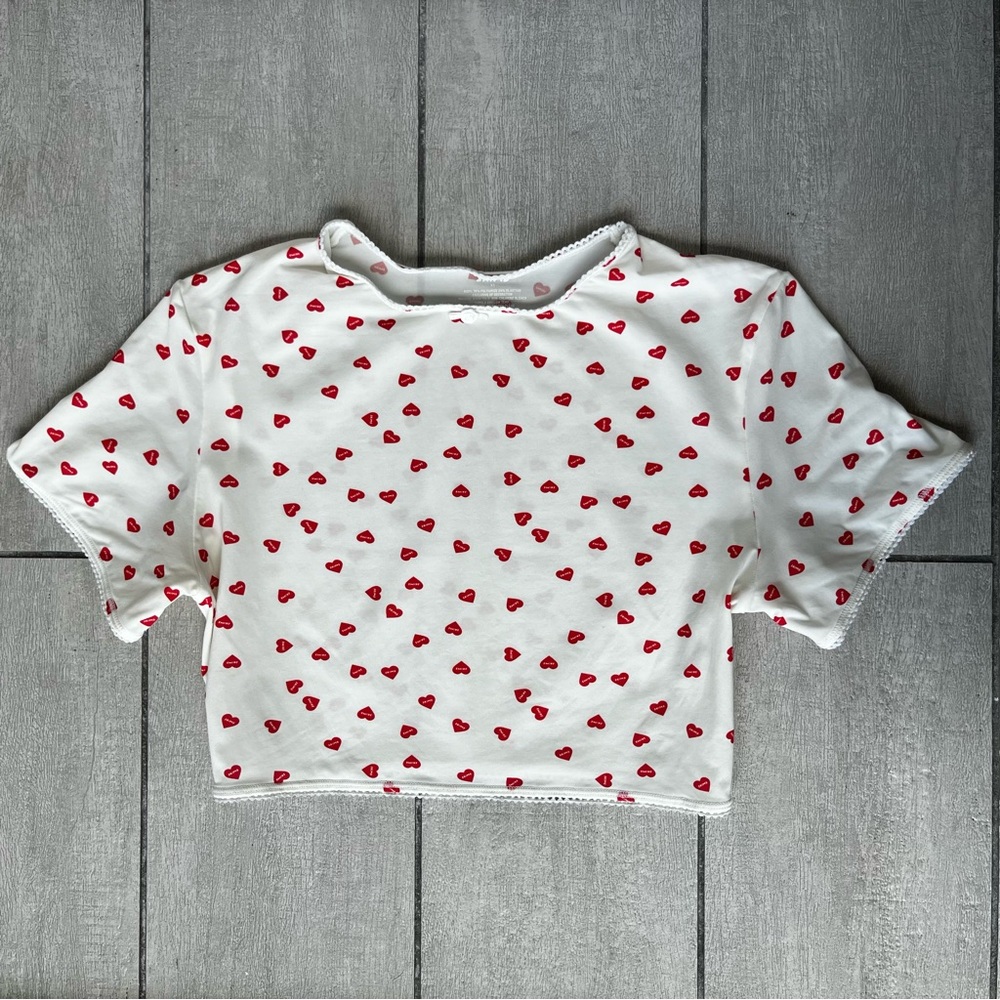 Skims Fits Everybody Super Cropped Baby Tee XS Hearts Print White Red
